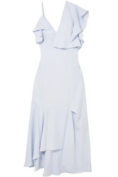 Shop Adeam Asymmetric Ruffled Crepe Midi Dress In Sky Blue