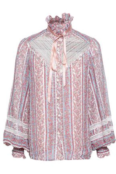 Shop Marc Jacobs Woman Lace-paneled Embellished Printed Cotton And Silk-blend Gauze Top Baby Pink