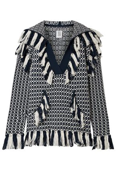 Shop Rosie Assoulin Woman Tasseled Cotton-jacquard Hooded Sweater Navy