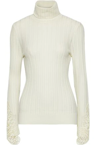 Shop Elie Tahari Woman Pointelle-knit Merino Wool Turtleneck Sweater Ivory