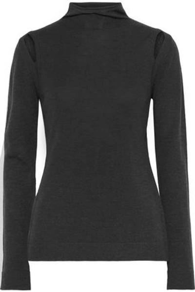 Shop Elie Tahari Woman Cutout Merino Wool Turtleneck Top Charcoal