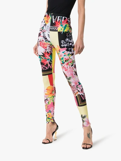 Shop Versace Floral Print Logo Leggings In A7000