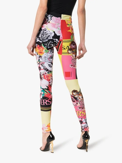Shop Versace Floral Print Logo Leggings In A7000