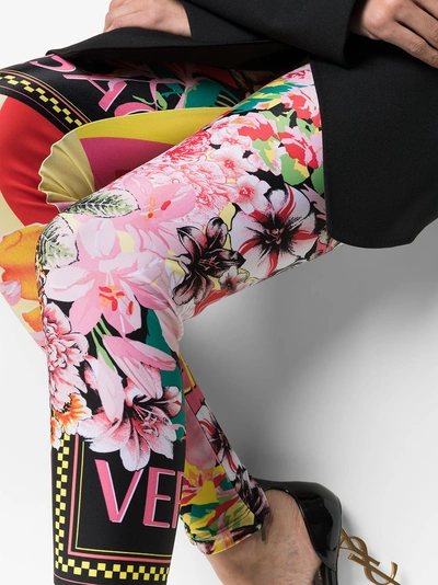 Shop Versace Floral Print Logo Leggings In A7000