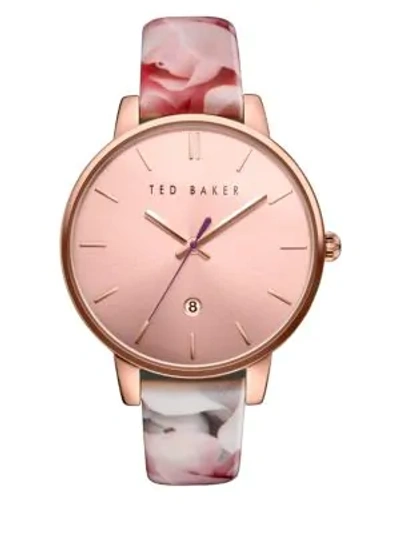 Shop Ted Baker Kate Round Floral Print Leather Strap Analog Watch In Pink
