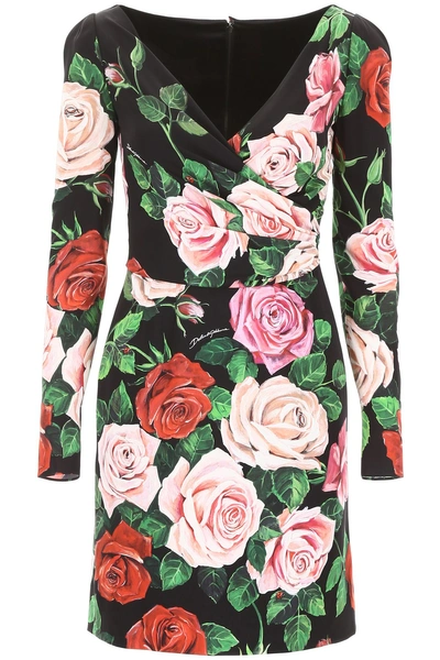 Shop Dolce & Gabbana Rose Print Dress In Mix Rose Fdo Nero (black)