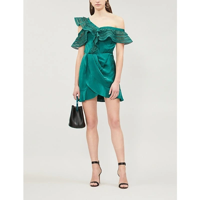 Self-portrait One-shoulder Ruffle-trimmed Satin-jacquard Dress In Green |  ModeSens