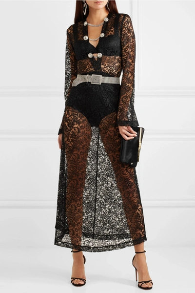 Shop Alessandra Rich Crystal-embellished Lace Maxi Dress In Black