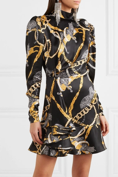 Shop Alessandra Rich Button-embellished Printed Silk-satin Mini Dress In Black