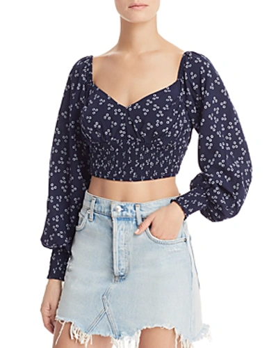 Shop Finders Keepers Frida Printed Smocked Cropped Top In Navy Ditsy Doo