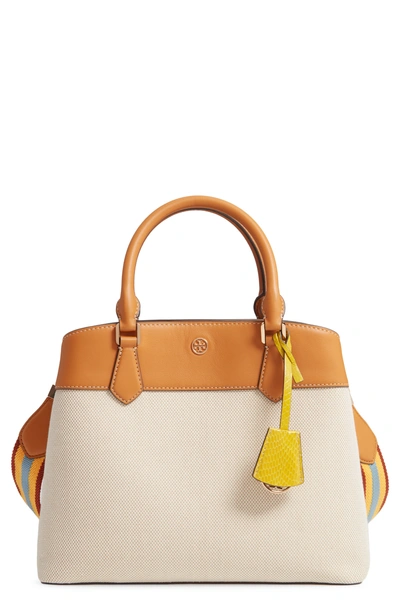 Shop Tory Burch Robinson Canvas & Leather Triple Compartment Bag - Beige In Natural/ Arugula
