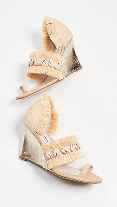 Shop Leandra Medine Raffia Fringe Wedge Sandals In Natural
