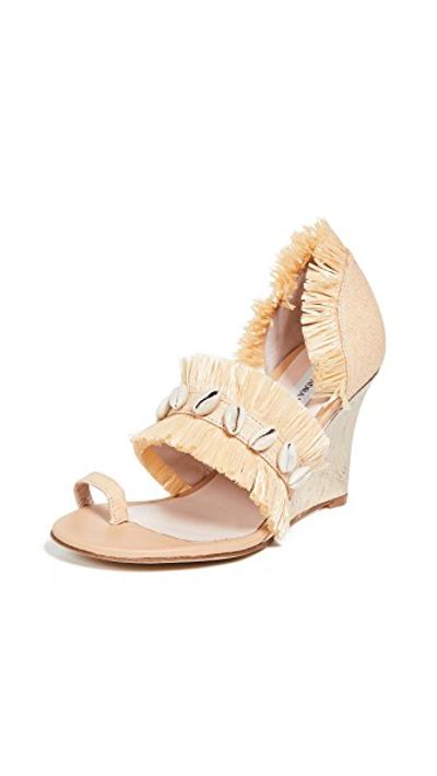 Shop Leandra Medine Raffia Fringe Wedge Sandals In Natural