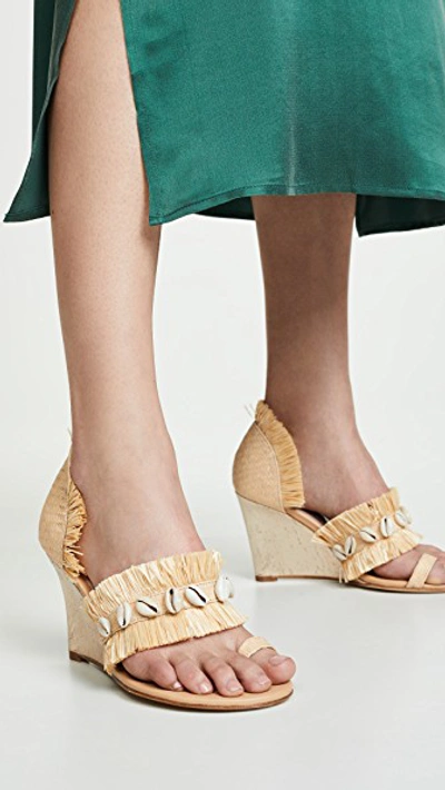Shop Leandra Medine Raffia Fringe Wedge Sandals In Natural