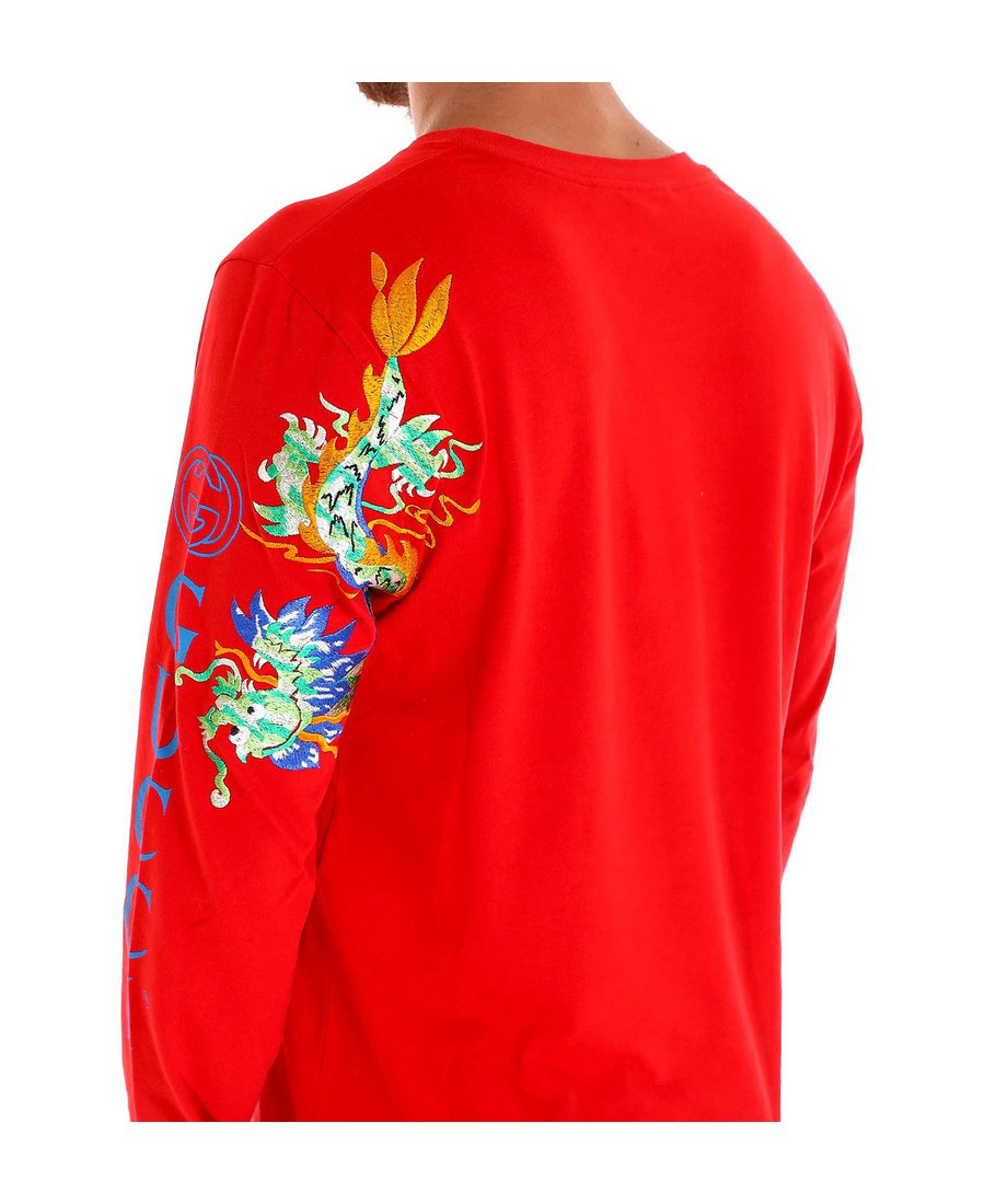 Gucci 红色logo龙纹刺绣套头上衣 In Red | ModeSens