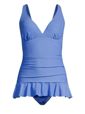 blue ruffle one piece swimsuit