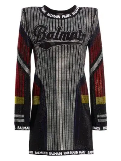 Shop Balmain Long-sleeve Strass Athletic Shift Dress In Multi