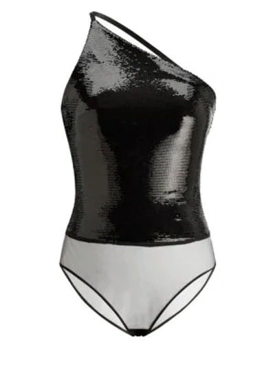 Shop Ralph Lauren Austine Sequin One-shoulder Bodysuit In Black