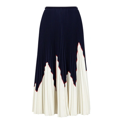 Shop Red Valentino Colour-block Pleated Midi Skirt In Navy