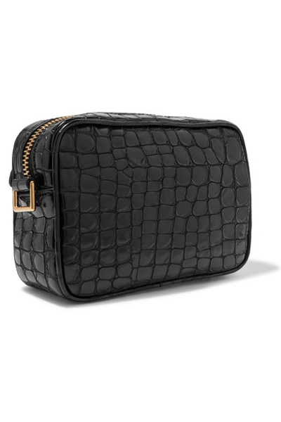 Shop Tom Ford Glossed Croc-effect Leather Camera Bag In Black