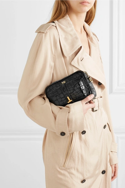 Shop Tom Ford Glossed Croc-effect Leather Camera Bag In Black