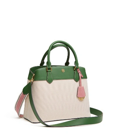 Shop Tory Burch Robinson Canvas Triple-compartment Tote In Natural / Arugula