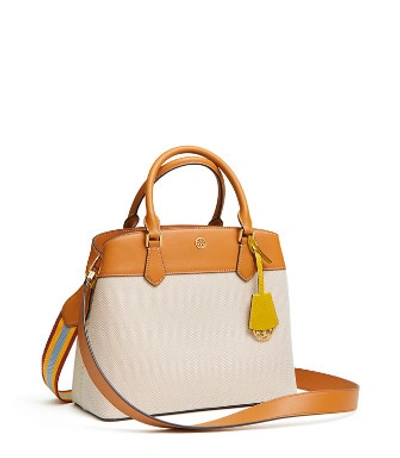 Shop Tory Burch Robinson Canvas Triple-compartment Tote In Natural / Croissant