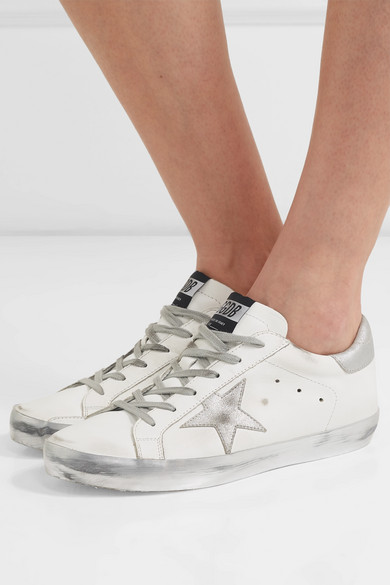 golden goose superstar distressed leather and suede sneakers