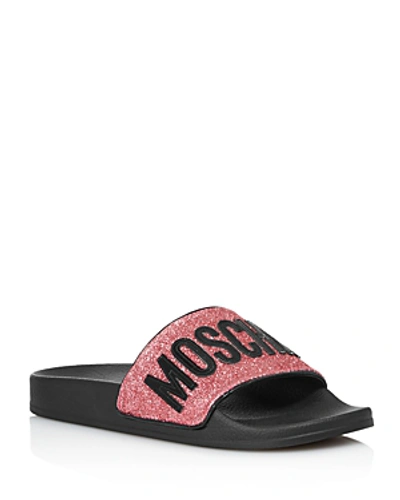 Shop Moschino Women's Glitter Logo Slide Sandals In Fuschia