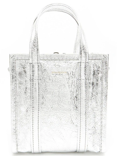 Shop Balenciaga Bazar Xxs Tote Bag In Silver