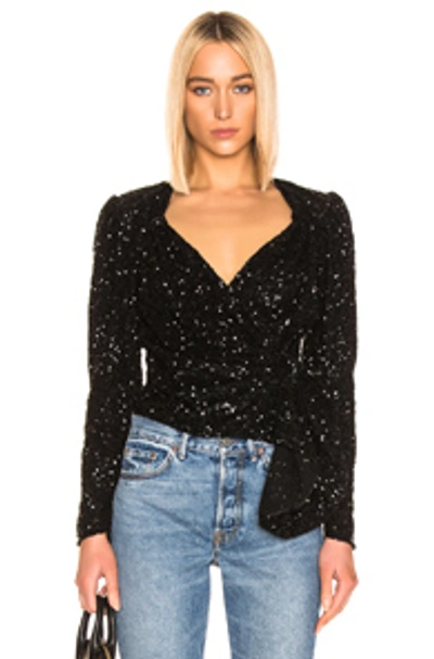 Shop Attico Long Sleeve Sequined Wrap Top In Black