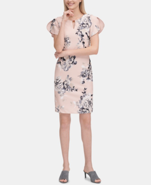 Calvin Klein Floral-print Keyhole Sheath Dress In Blush Grey | ModeSens