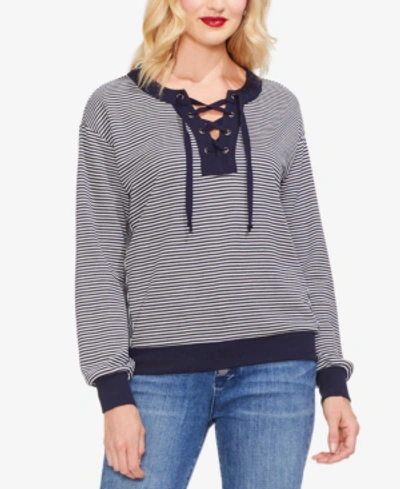 Shop Vince Camuto Striped Lace-up Top In Classic Navy