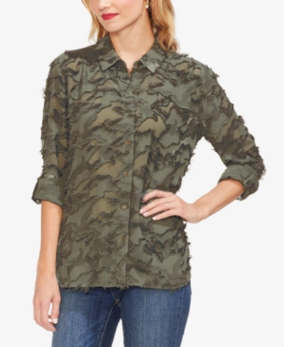 Shop Vince Camuto Frayed Camo-print Roll-tab Top In Military Green