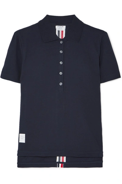 Shop Thom Browne Striped Stretch Knit-trimmed Cotton-piqué Polo Shirt In Navy