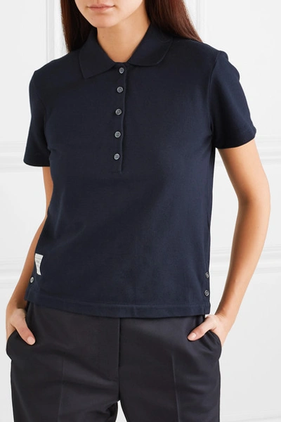Shop Thom Browne Striped Stretch Knit-trimmed Cotton-piqué Polo Shirt In Navy