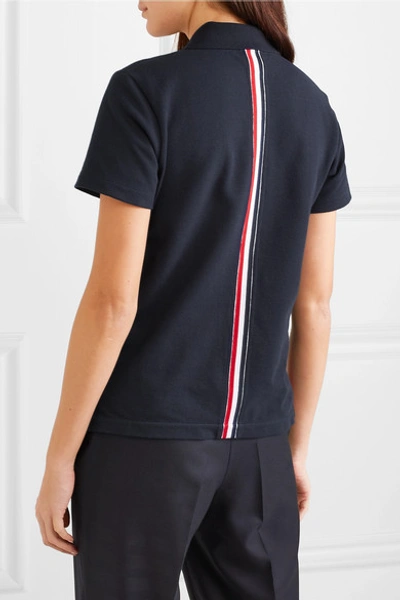 Shop Thom Browne Striped Stretch Knit-trimmed Cotton-piqué Polo Shirt In Navy