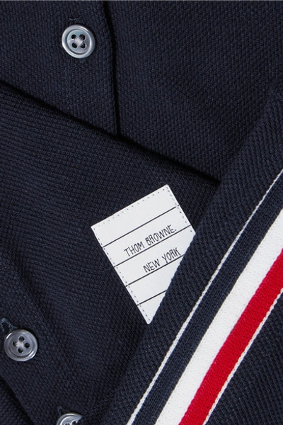 Shop Thom Browne Striped Stretch Knit-trimmed Cotton-piqué Polo Shirt In Navy