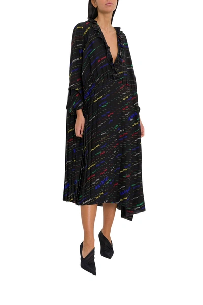 Shop Balenciaga Multicolor Logo Print Ruffled Pleated Dress In Nero