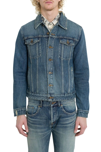 Saint Laurent Bandana Distressed Denim Jacket In Blue | ModeSens