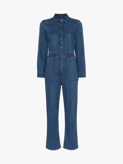 Shop 3x1 Mila Cropped Leg Collared Denim Jumpsuit In Blue