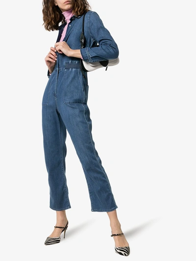 Shop 3x1 Mila Cropped Leg Collared Denim Jumpsuit In Blue