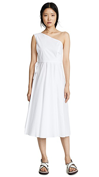 white one shoulder pleated detail midi dress