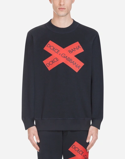Shop Dolce & Gabbana Sweatshirt In Cotton With Thermo Adhesive Band In Blue