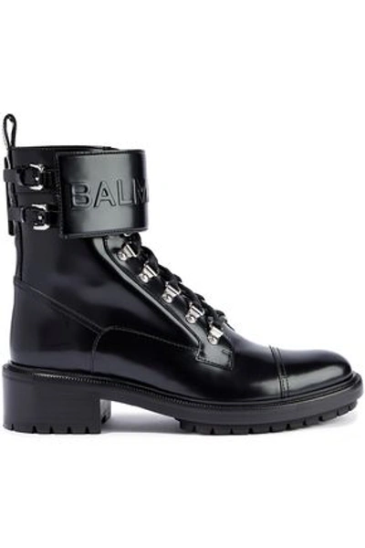 Shop Balmain Embossed Glossed-leather Ankle Boots In Black