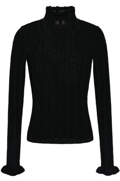 Shop Cinq À Sept Woman Pointelle-trimmed Knitted Sweater Black