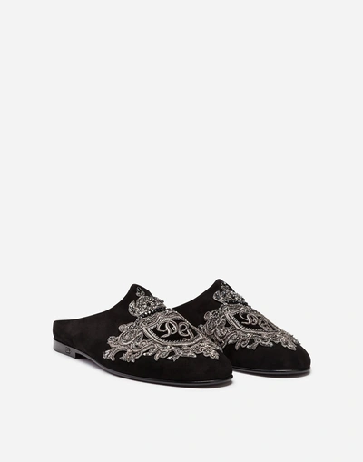 Shop Dolce & Gabbana Suede Slippers With Embroidery In Black