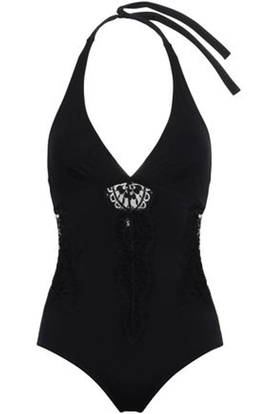 Shop Id Sarrieri Lace-trimmed Halterneck Swimsuit In Black