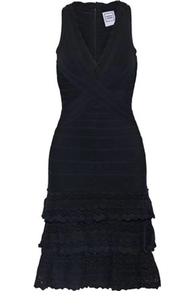 Shop Herve Leger Hervé Léger Woman Tiered Pointelle Knit-paneled Bandage Dress Black