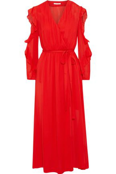 Shop Maje Woman Remy Cold-shoulder Ruffled Chiffon Midi Wrap Dress Red